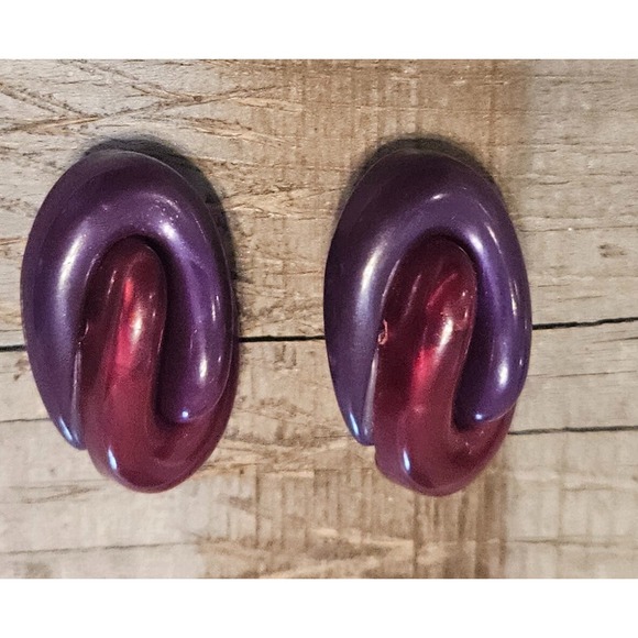 VINTAGE Statement Earrings Purple & Red Interlocking Loop Design Fashion Jewelry - Picture 9 of 16